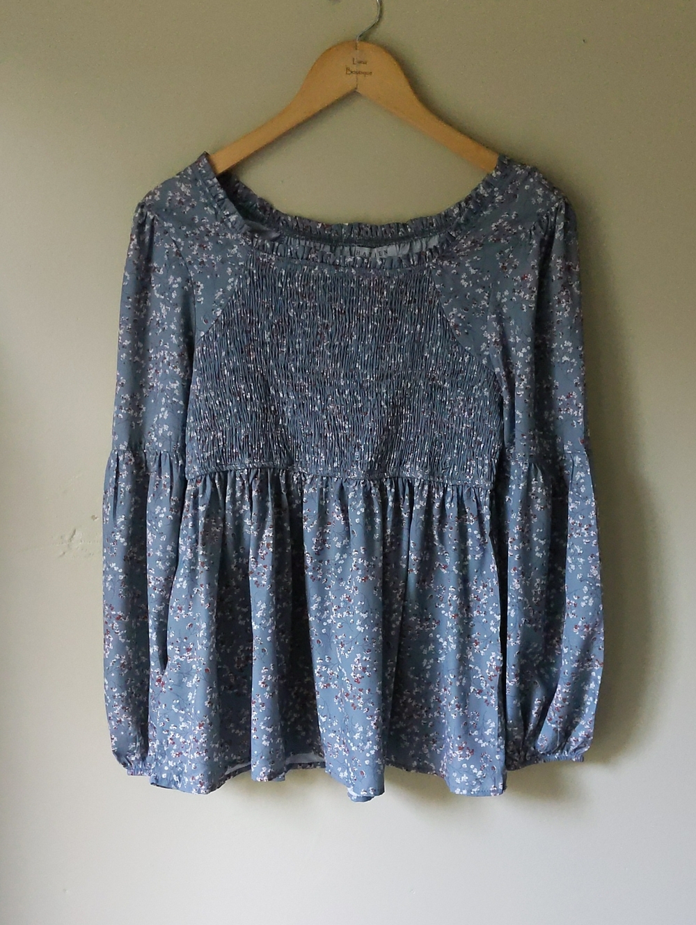 Smocked Floral Peasant Tunic Top - Blue